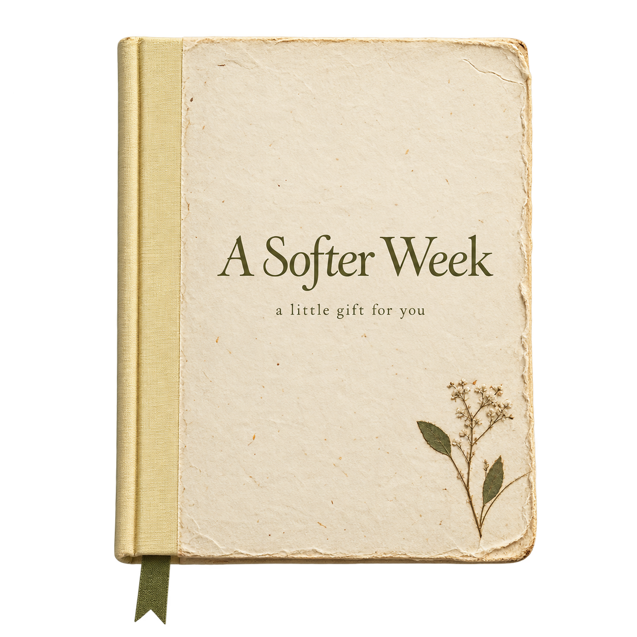 A vintage paper journal titled A Softer Week, with a butter-yellow spine and olive ribbon