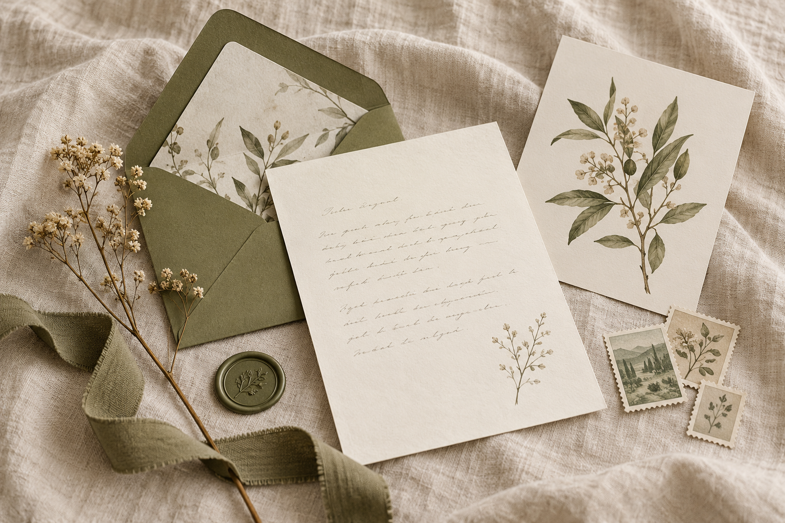 Cream notecards and an olive envelope with botanical details